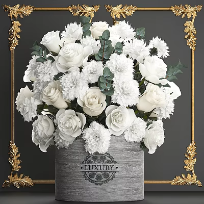 Decorative Ornament Set with White Roses Chrysanthemums Green Eucalyptus in Gray Pot and Golden Frame 3d model