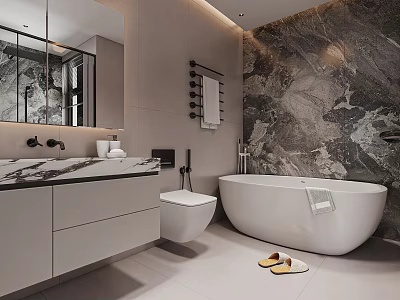 Modern Bathroom Interior Design With Marble Wall White Freestanding Bathtub And Vanity Countertop 3d model
