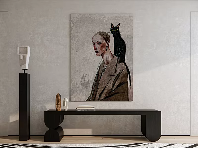 Portrait Painting of Woman with Black Cat Hanging on Wall in Modern Interior 3d model