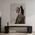 Portrait Painting of Woman with Black Cat Hanging on Wall in Modern Interior