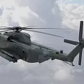Military Helicopter Airborne in Cloudy Sky with Spinning Rotors and Aerodynamic Fuselage