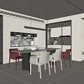 Modern Restaurant Interior With Dining Table White And Maroon Chairs Pendant Lights And Kitchen Cabinets