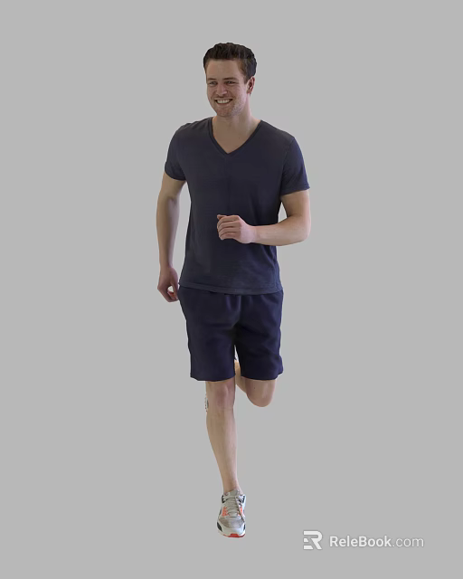 The Man Running in Dark Gray V-neck T-shirt and Navy Blue Shorts 3d model 