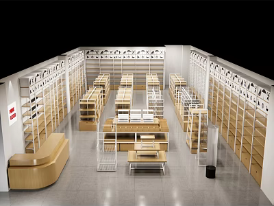 Spacious Retail Store Interior With Neatly Arranged Display Shelves And Central Showcases 3d model