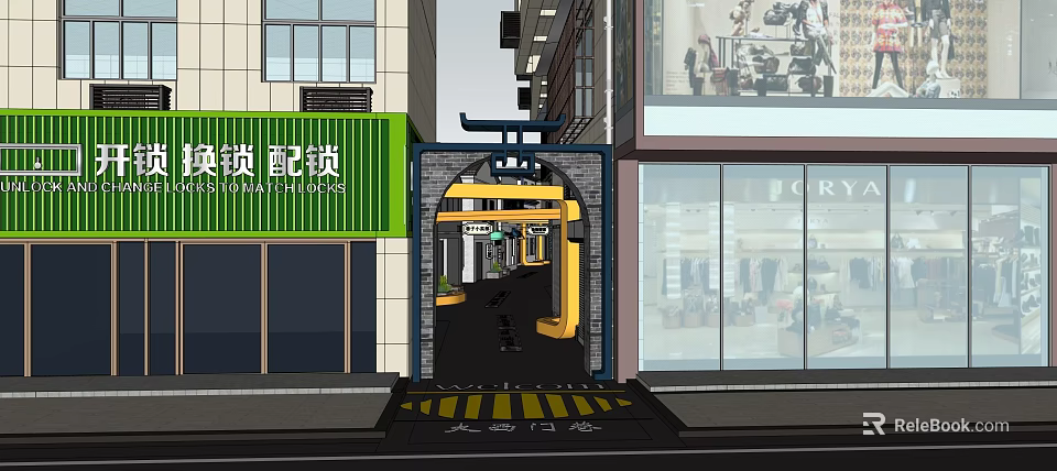 Commercial Street With Arched Entrance Yellow Gate Green Signboards And Storefronts 3d model 
