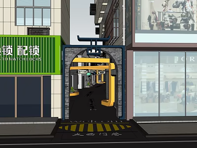 Commercial Street With Arched Entrance Yellow Gate Green Signboards And Storefronts 3d model