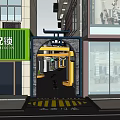 Commercial Street With Arched Entrance Yellow Gate Green Signboards And Storefronts