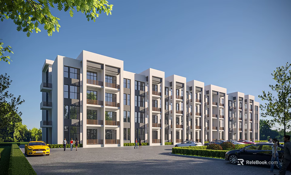 Modern Multi Story School Building With Glass Windows Balconies Green Trees And Parking Area 3d model 