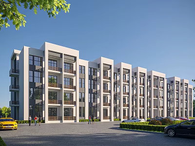 Modern Multi Story School Building With Glass Windows Balconies Green Trees And Parking Area 3d model