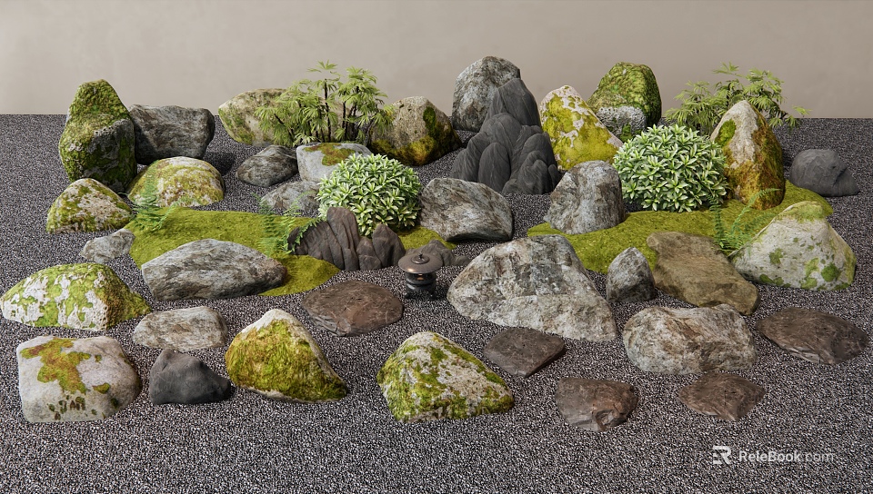 Stone and Wood Natural Garden Landscape with Green Plants and Moss Covered Rocks 3d model 