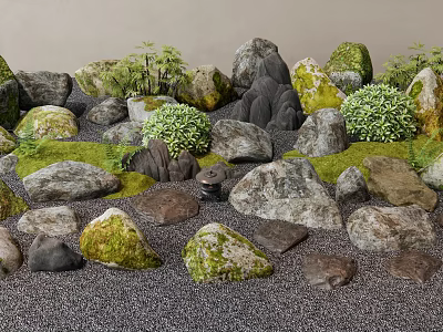 Stone and Wood Natural Garden Landscape with Green Plants and Moss Covered Rocks 3d model