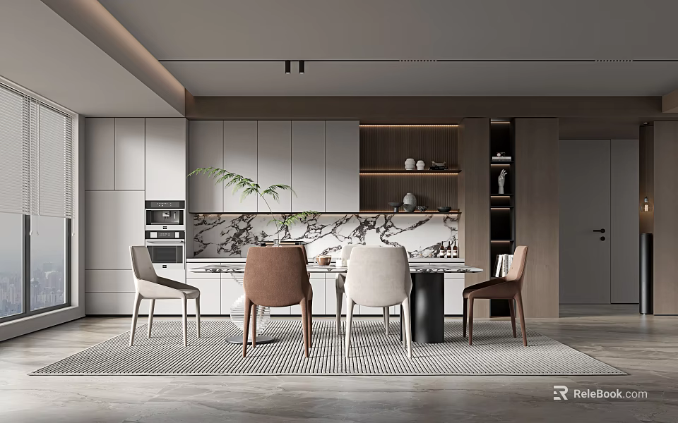 Elegant Modern Restaurant Interior With Marble Counter Dining Table And Chairs 3d model