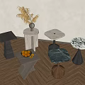 Various Design Side Tables With Wooden Marble Tabletops On Indoor Wooden Floor Setting