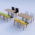 Two Rectangular Wooden Dining Tables With Yellow Green Black White Chairs 3d model
