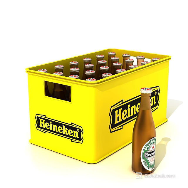 Yellow Heineken Beer Crate Filled With Beer Bottles And Single Bottle Beside 3d model 