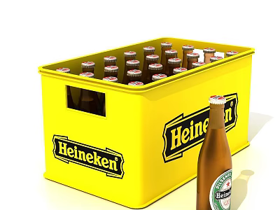 Yellow Heineken Beer Crate Filled With Beer Bottles And Single Bottle Beside 3d model
