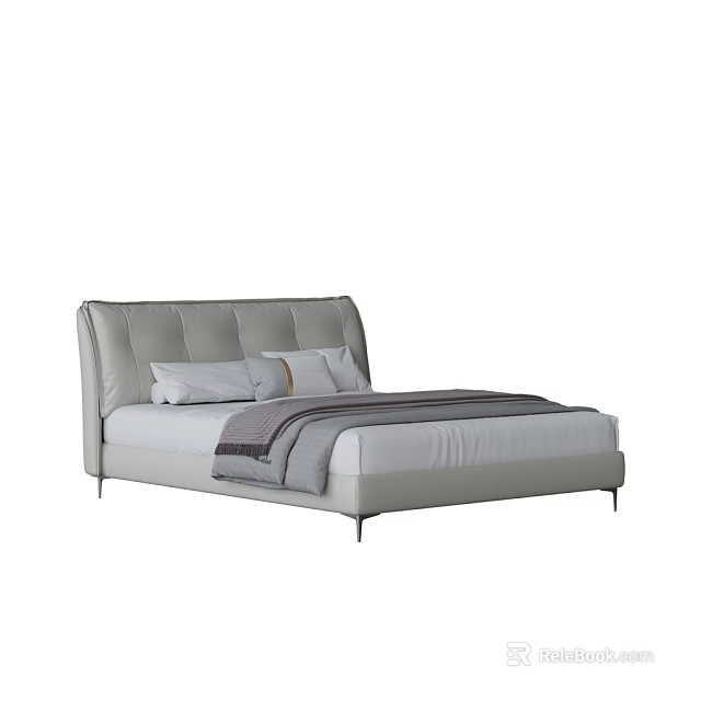 Modern Double Bed Interior With Leather Headboard And Soft Bedding Set 3d model