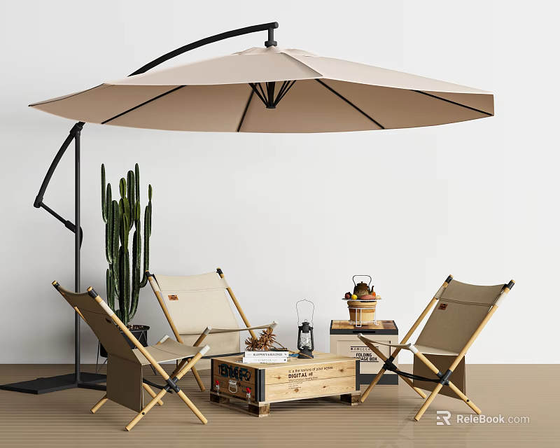 Foldable Outdoor Chairs With Patio Umbrella Wooden Crate Table And Cactus Plant 3d model 