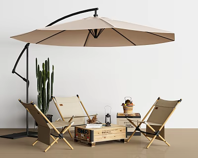 Foldable Outdoor Chairs With Patio Umbrella Wooden Crate Table And Cactus Plant 3d model