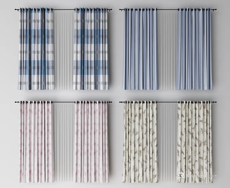 Various Plaid Striped And Patterned Curtains In Blue Pink Beige Colors 3d model 