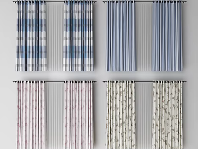 Various Plaid Striped And Patterned Curtains In Blue Pink Beige Colors 3d model