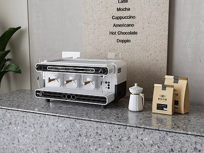 Modern Coffee Machine With Coffee Bean Bags Milk Jug And Menu Sign On Countertop 3d model