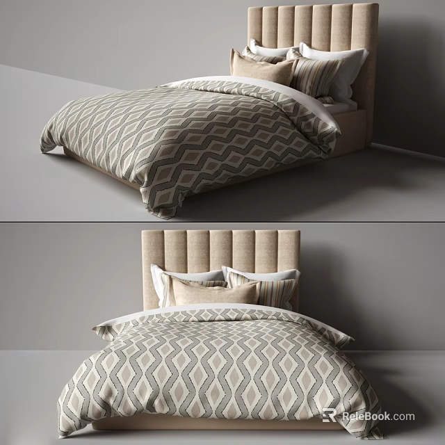 Double Bed With Tufted Headboard And Geometric Pattern Bedding In Neutral Tones 3d model