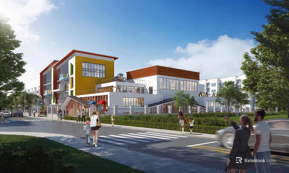 Vibrant Modern School Building with Large Windows Green Landscaping and Playground Area 3d model 