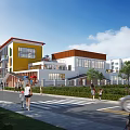 Vibrant Modern School Building with Large Windows Green Landscaping and Playground Area