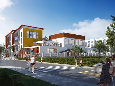 Vibrant Modern School Building with Large Windows Green Landscaping and Playground Area 3d model