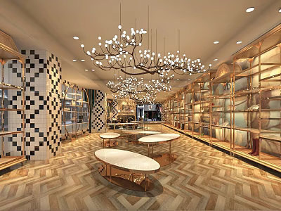 Elegant Modern Boutique Store Interior with Chandelier Display Shelves Geometric Walls Round Tables Herringbone Flooring 3d model