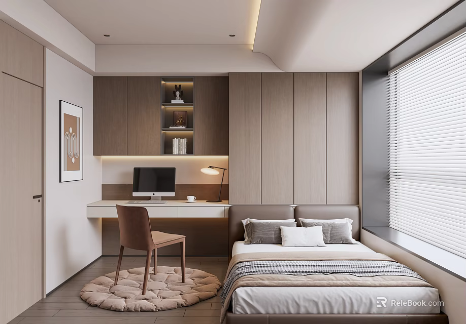 Tatami Bedroom With Wooden Desk Computer Table Lamp And Chair Blinds Rug 3d model 