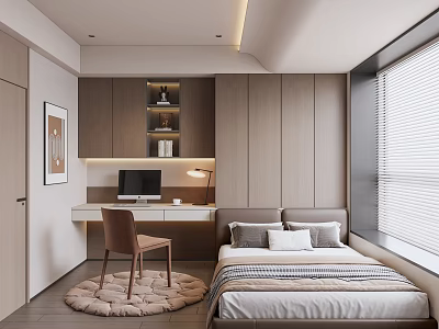 Tatami Bedroom With Wooden Desk Computer Table Lamp And Chair Blinds Rug 3d model