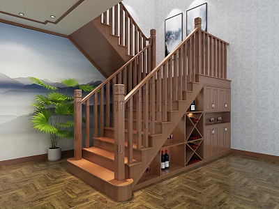 Chinese Style Wooden Staircase With Wine Cabinet Green Plant And Landscape Painting 3d model
