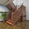Chinese Style Wooden Staircase With Wine Cabinet Green Plant And Landscape Painting