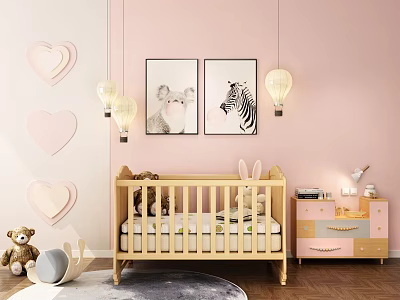 Wooden Baby Crib In Nursery With Pink Wall Heart Decorations Pendant Lights And Stuffed Toys 3d model