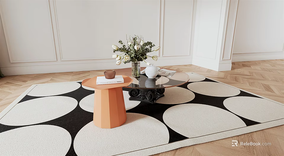 Modern Coffee Table With Side Table Coffee Cup And White Flowers On Circular Rug 3d model