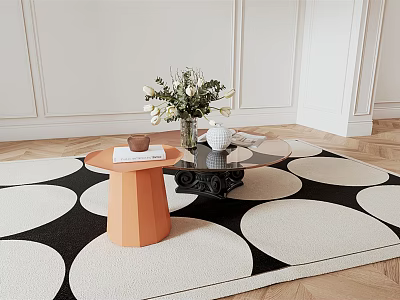 Modern Coffee Table With Side Table Coffee Cup And White Flowers On Circular Rug 3d model