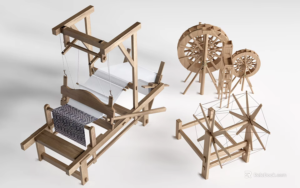 Wooden Garden Decorative Ornaments With Traditional Loom And Spinning Wheel Structures 3d model 