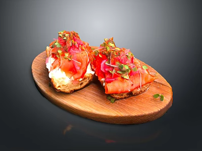 Delicious Smoked Salmon Toast with Cream Cheese Red Onion and Fresh Herbs on Wooden Board 3d model