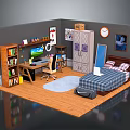 Cozy Bedroom Study Interior With Bookshelf Desk Computer Wardrobe Bed Rug And Wooden Floor