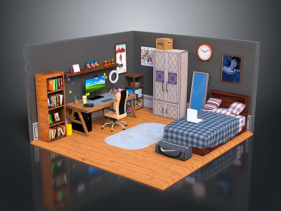 Cozy Bedroom Study Interior With Bookshelf Desk Computer Wardrobe Bed Rug And Wooden Floor 3d model