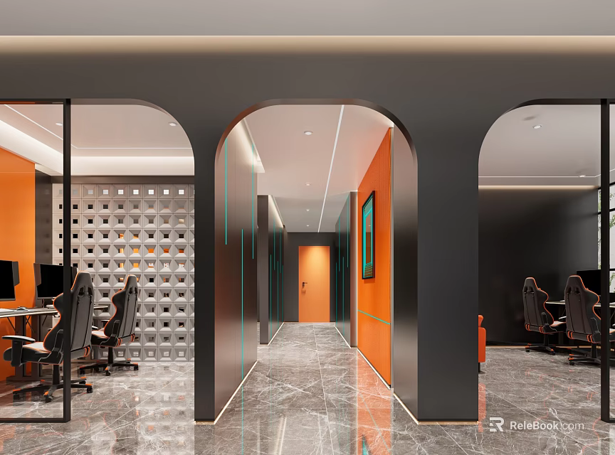 Modern Office Interior With Arch Design Orange Walls And Marble Flooring 3d model 