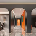 Modern Office Interior With Arch Design Orange Walls And Marble Flooring