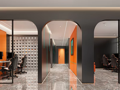 Modern Office Interior With Arch Design Orange Walls And Marble Flooring 3d model