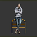 A Man In Gray Hoodie And Blue Jeans Leaning On Yellow Railing With Gray Background