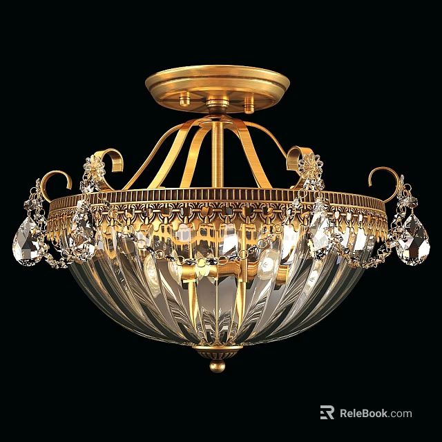 Luxury Gold Metal Ceiling Light With Crystal Pendants And Transparent Glass Shade 3d model 