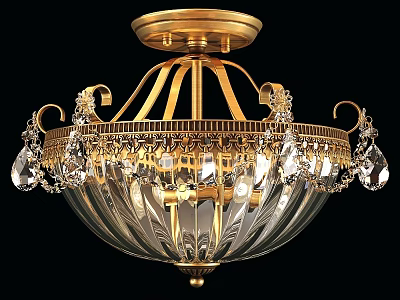 Luxury Gold Metal Ceiling Light With Crystal Pendants And Transparent Glass Shade 3d model