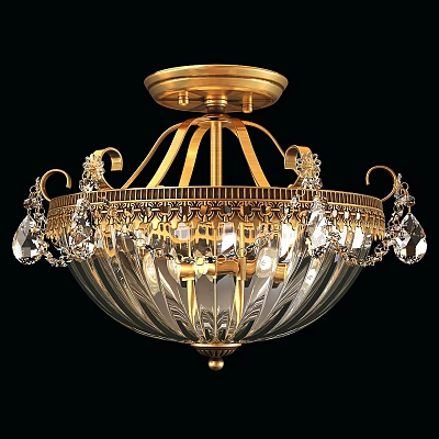 Luxury Gold Metal Ceiling Light With Crystal Pendants And Transparent Glass Shade 3d model
