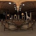 Hotel Lobby With Wooden Ceiling Chandeliers Large Windows And Giraffe Sculptures